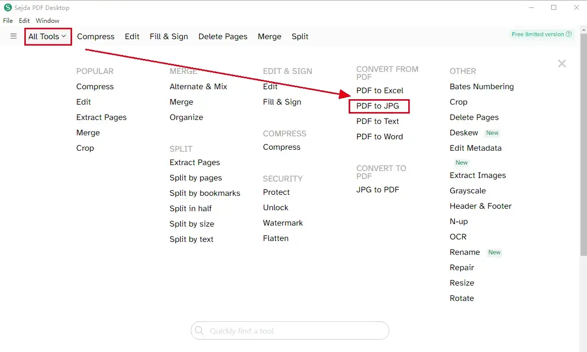 convert pdf to jpg in sejda pdf step 1