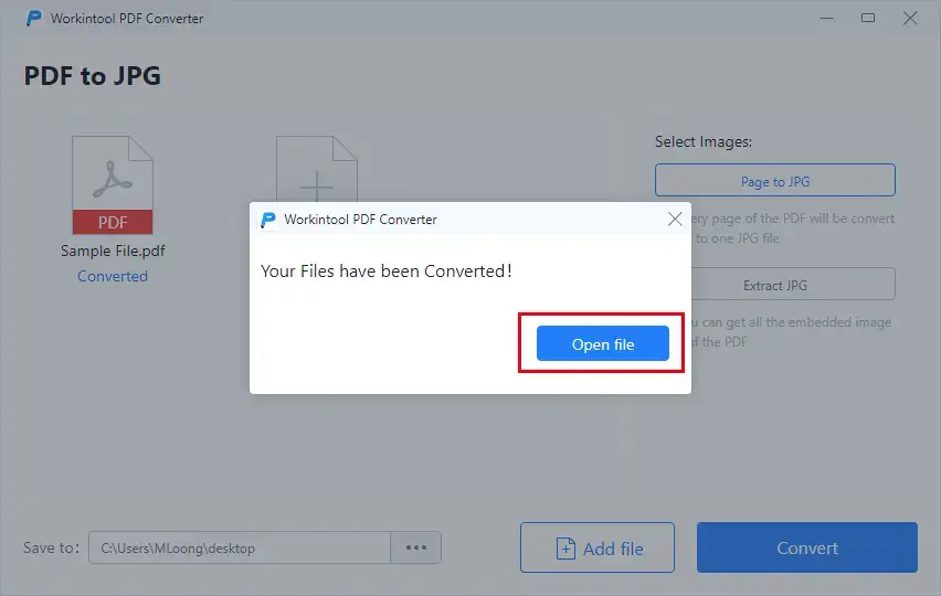 convert pdf to jpg in workintool step 3