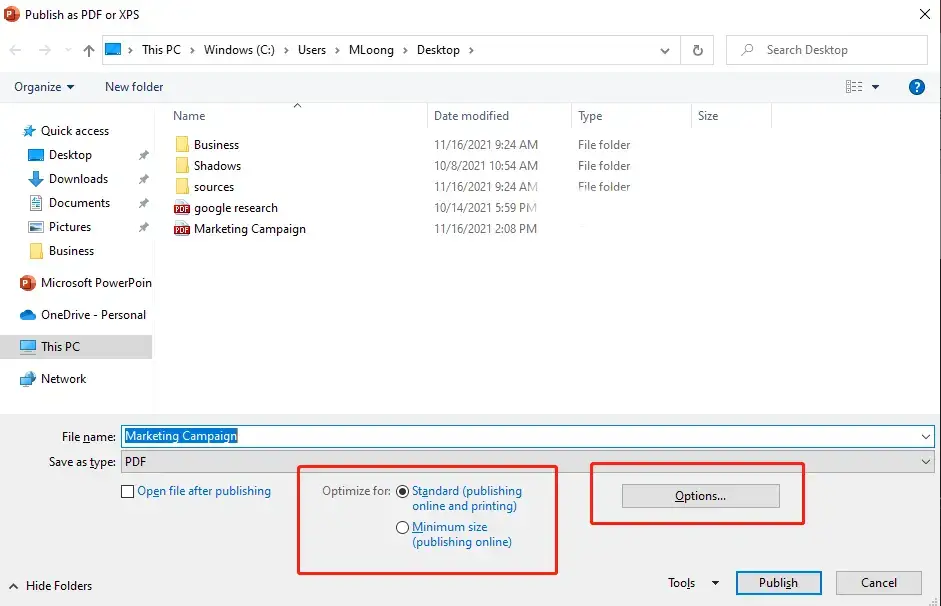 export pdf options button-office