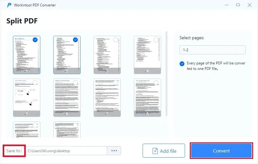 extract pages from pdf in workintool