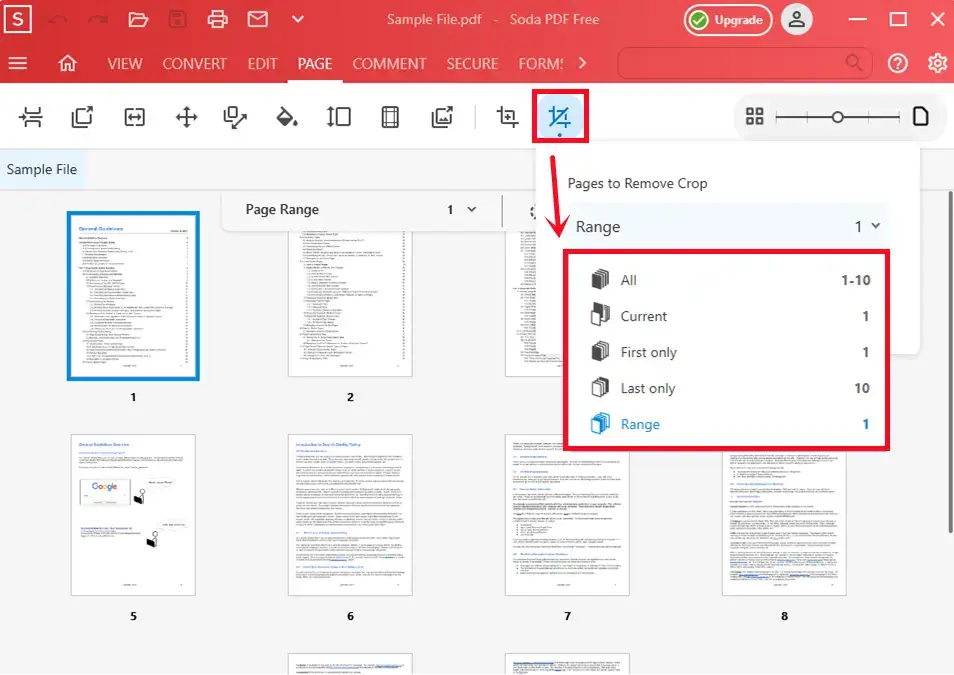 page range selection in soda pdf