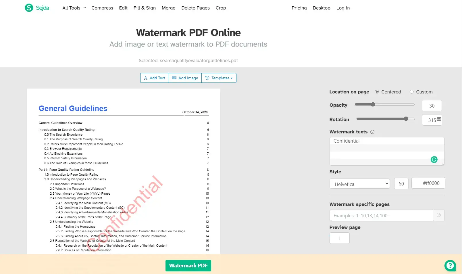 add text watermark by sejda pdf