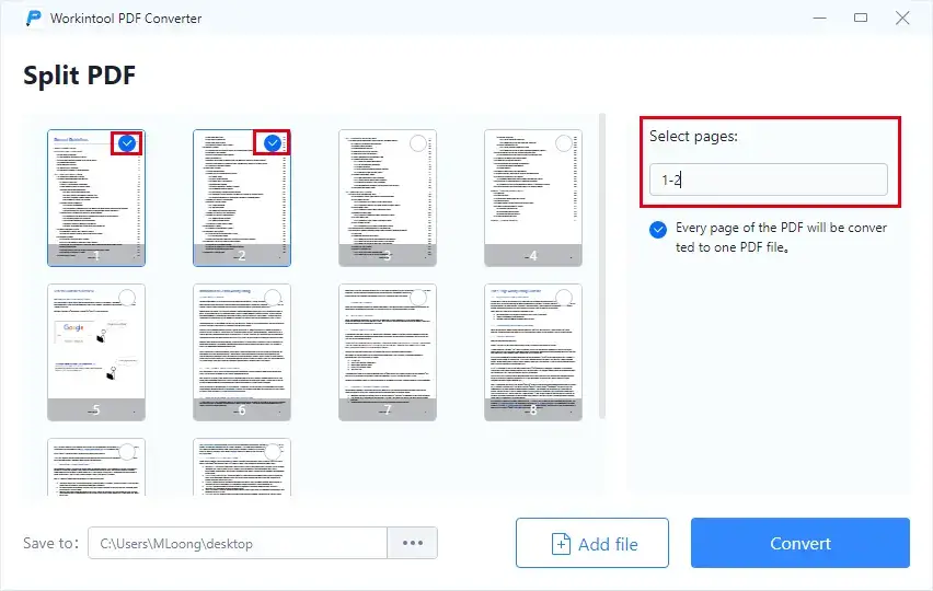 select pages to extract in workintool