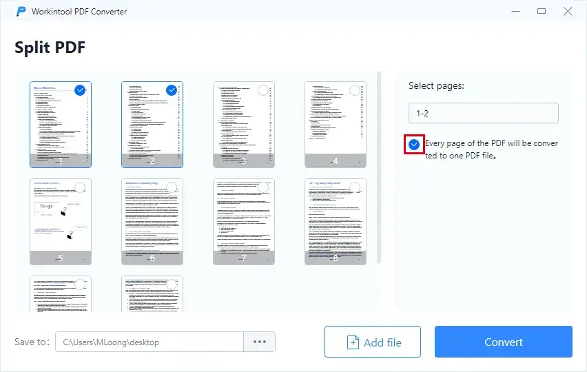 tick circle to separate every page into one pdf