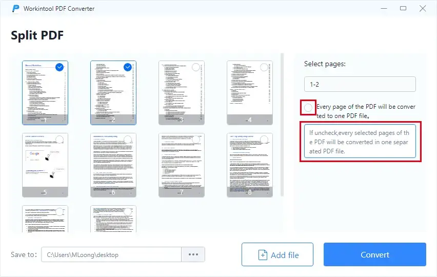 uncheck circle to divide pdf into one single pdf