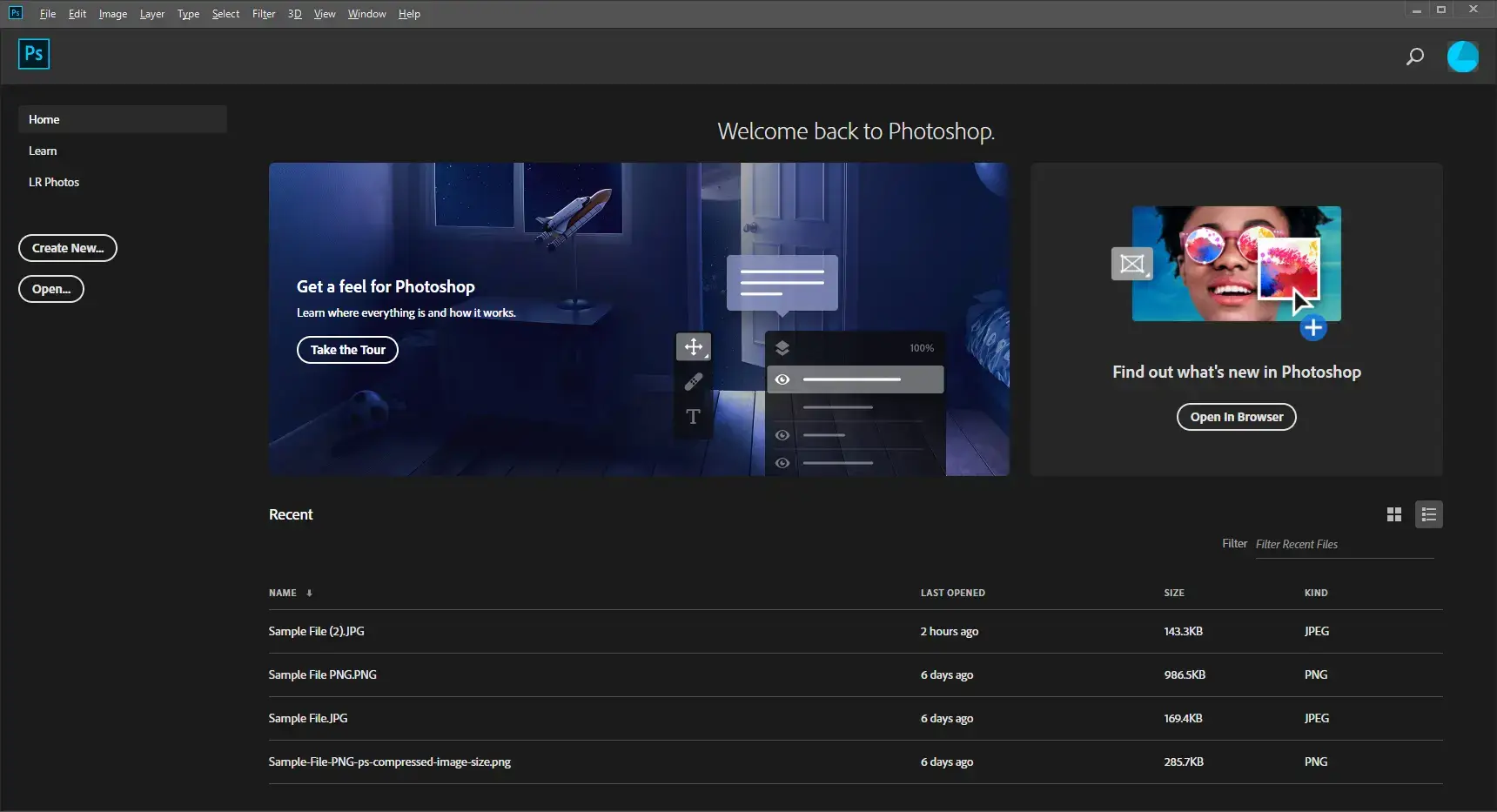 adobe photoshop opening page