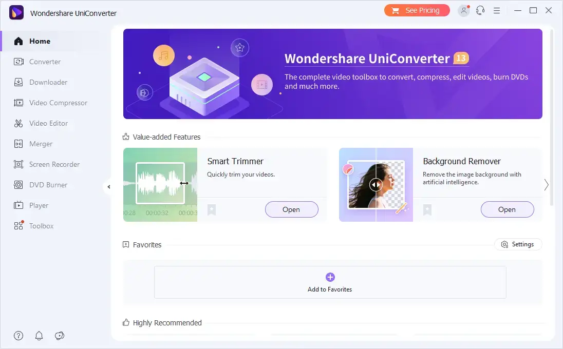 wondershare uniconverter opening page