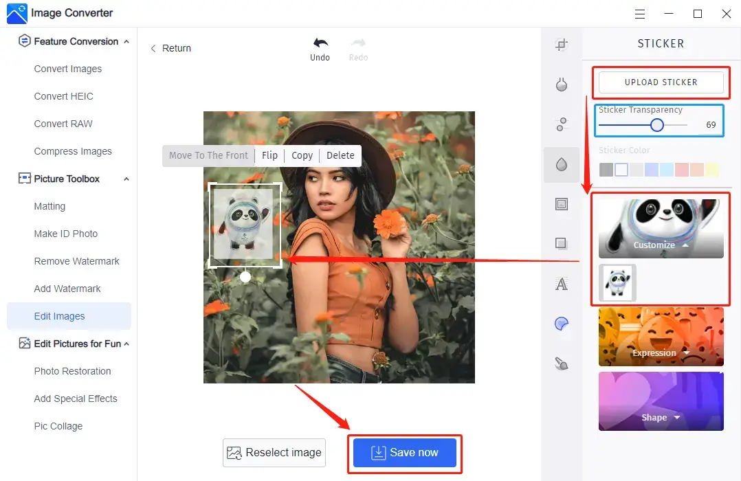 add customized stickers to photos in workintool