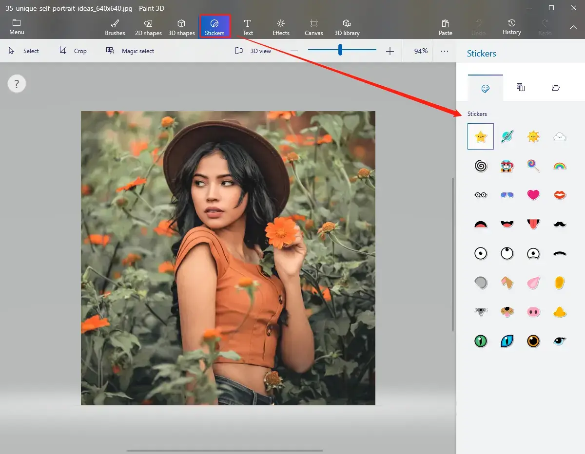 add stickers to photos in paint3d step 1