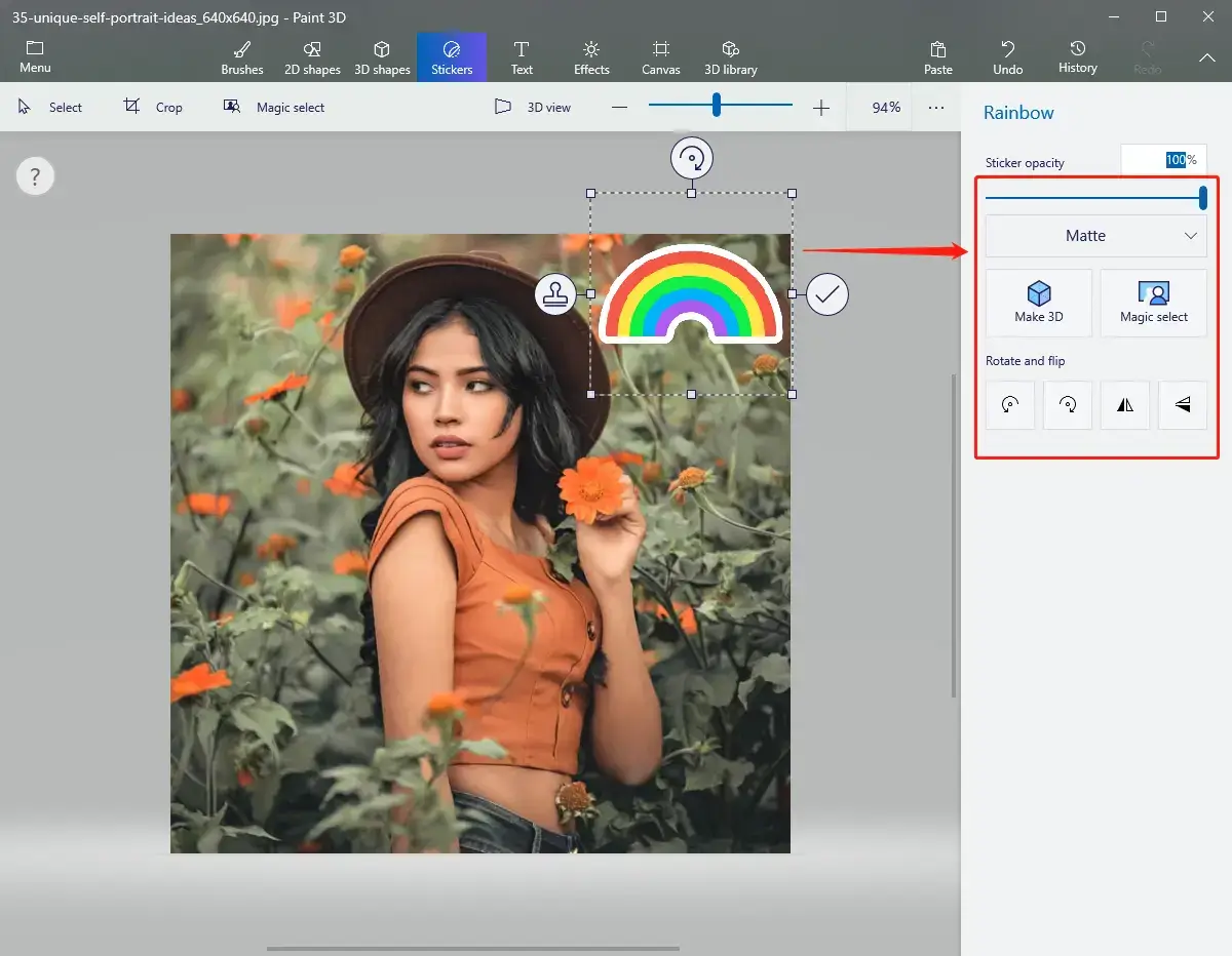 add stickers to photos in paint3d step 2