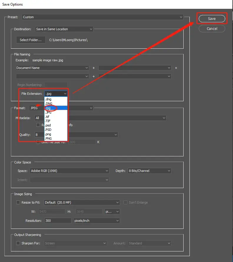 convert raw to jpeg in photoshop step 2