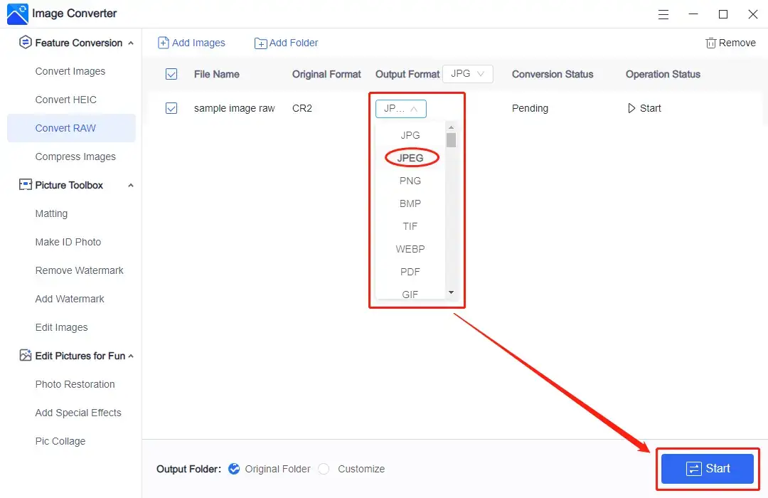 convert raw to jpeg in workintool step 2