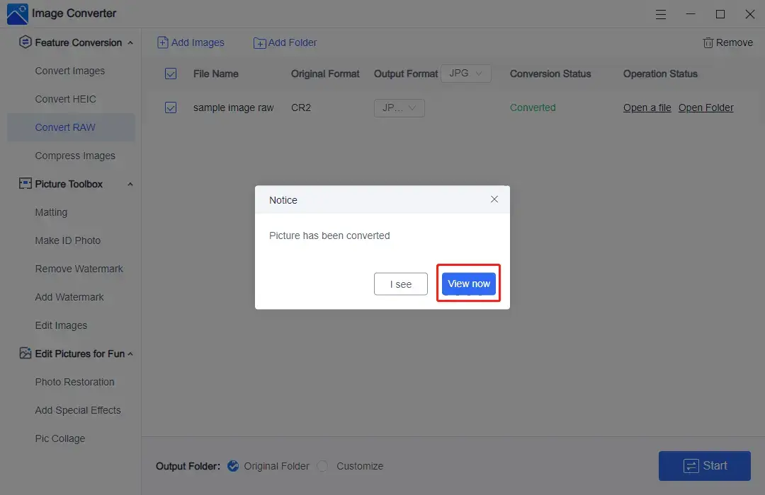 convert raw to jpeg in workintool step 3