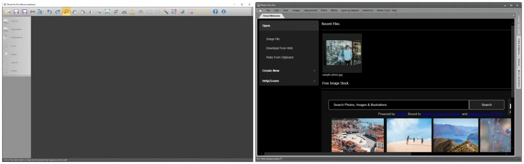 free picture editing software photo pos pro opening pages of two interfaces