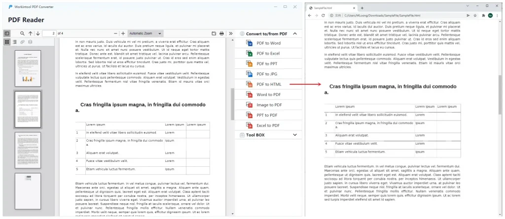 a comparison of pdf and html exported by workintool online