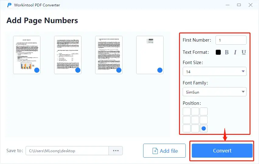 add page numbers to pdf in workintool step 2