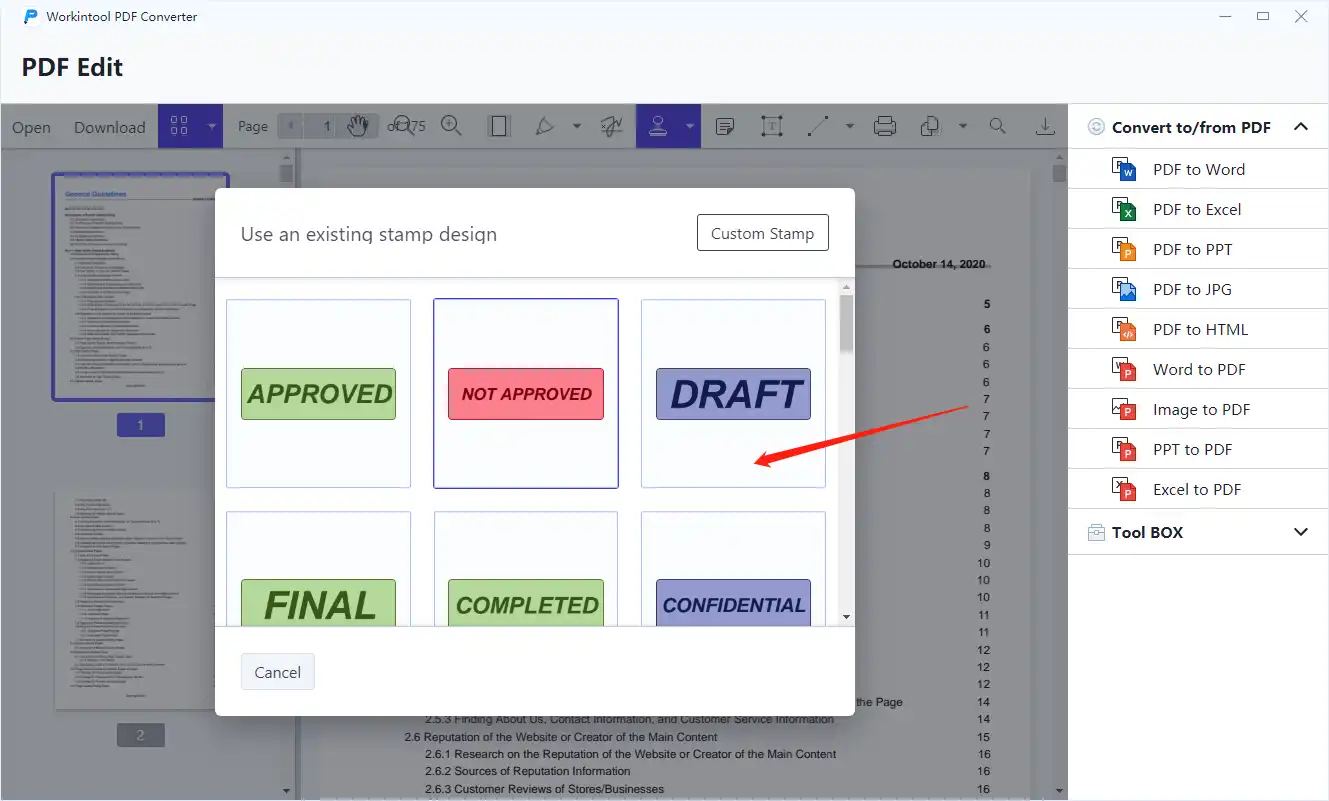 how to add stamp to pdf in workintool