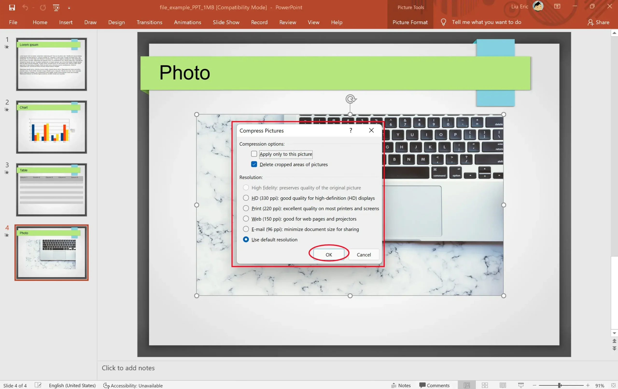 compress a picture in powerpoint step 2