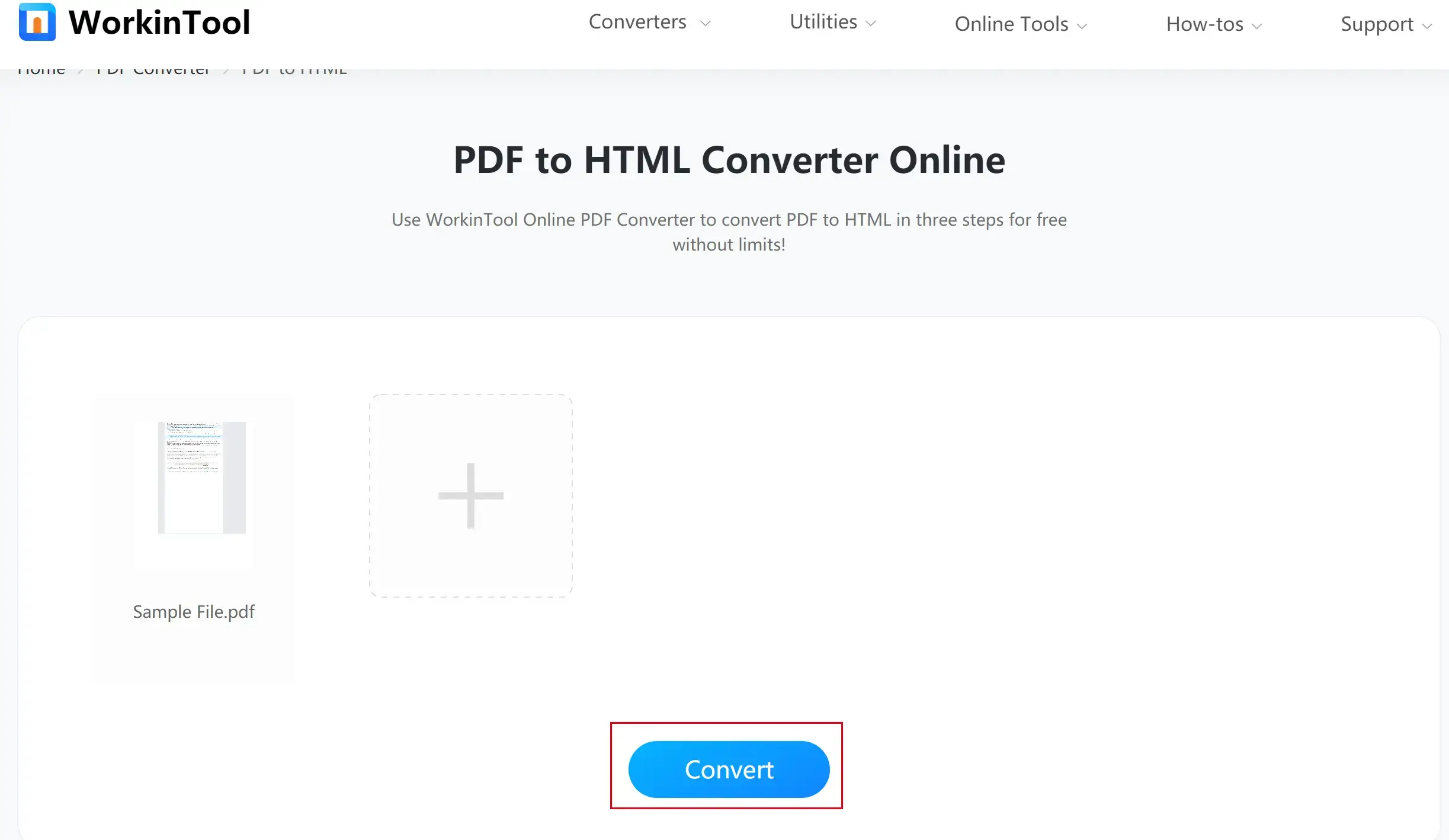 convert pdf to html in workintool online step 2