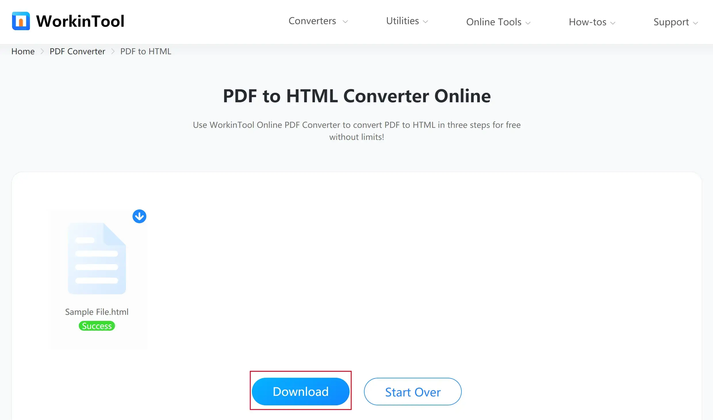 convert pdf to html in workintool online step 3