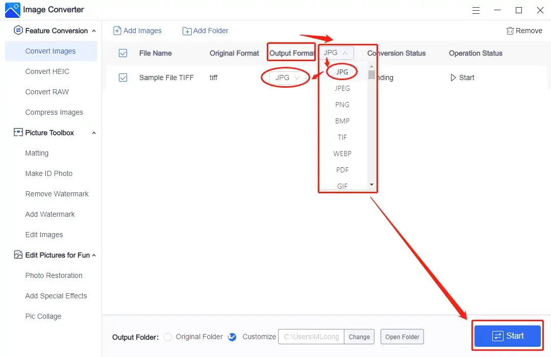 convert tiff to jpg in workintool step 2