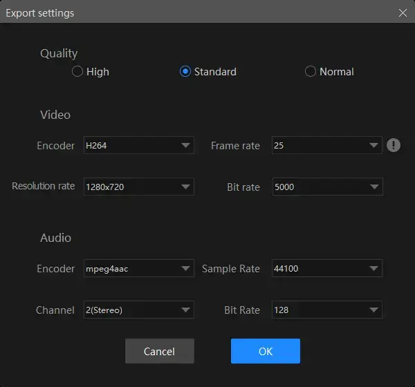export settings in vidclipper