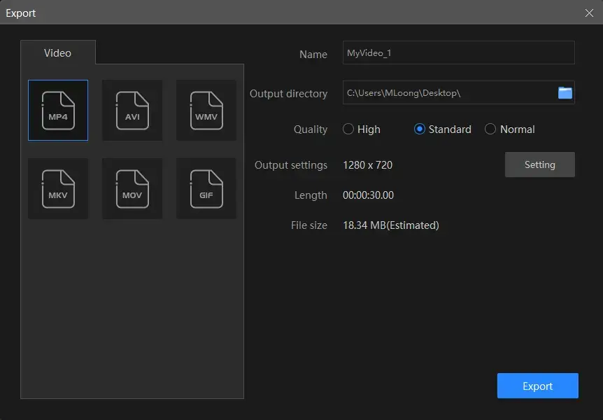 output export settings in vidclipper