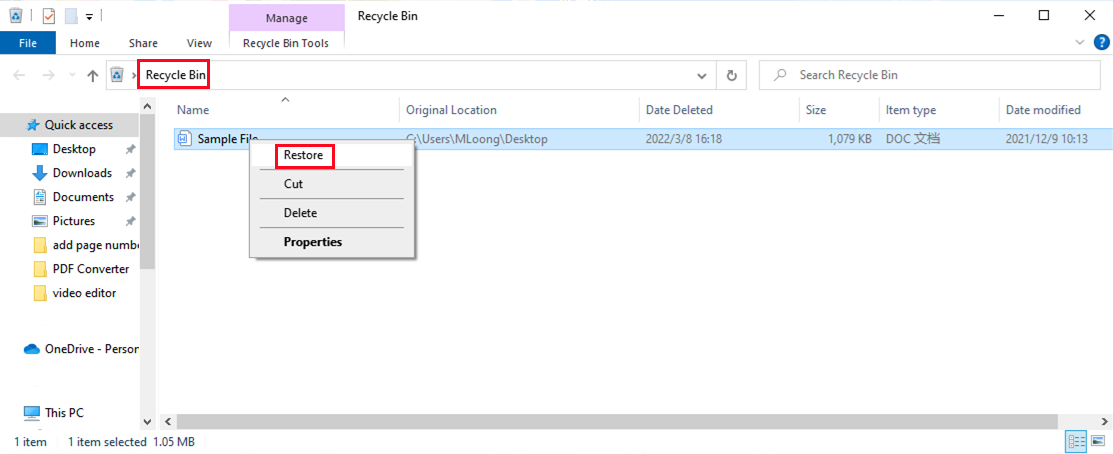 recover a deleted word document from recycle bin