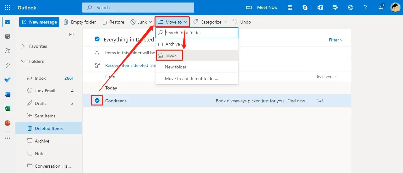 recover deleted emails in outlook step 2