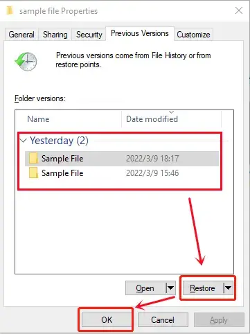 recover permanently deleted photos through restore previous versions step 2
