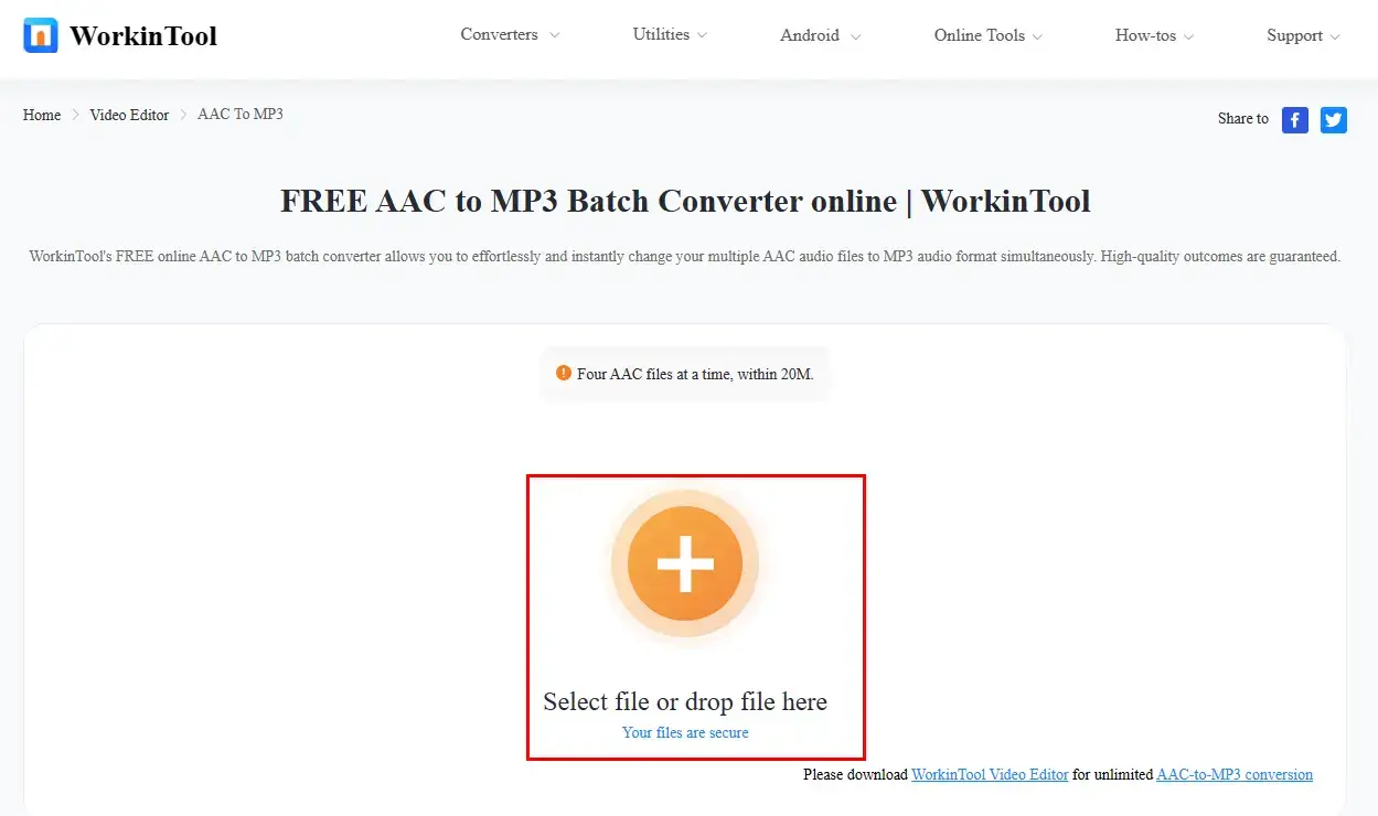 click + to upload an aac file to workintool vidclipper aac to mp3 converter online