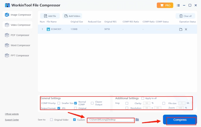 compress bmp through workintool step 3