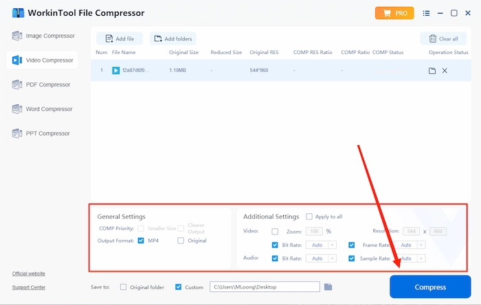 set the parameters and click compress