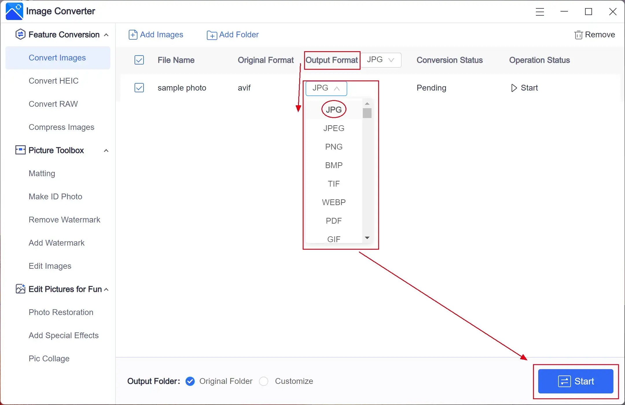 convert avif to jpg through workintool step 2