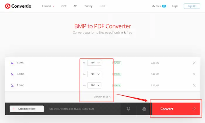 convertio bmp to pdf converter choose format and click convert