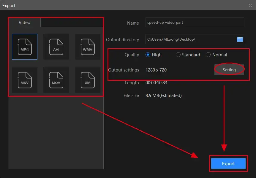 export settings in vidclipper