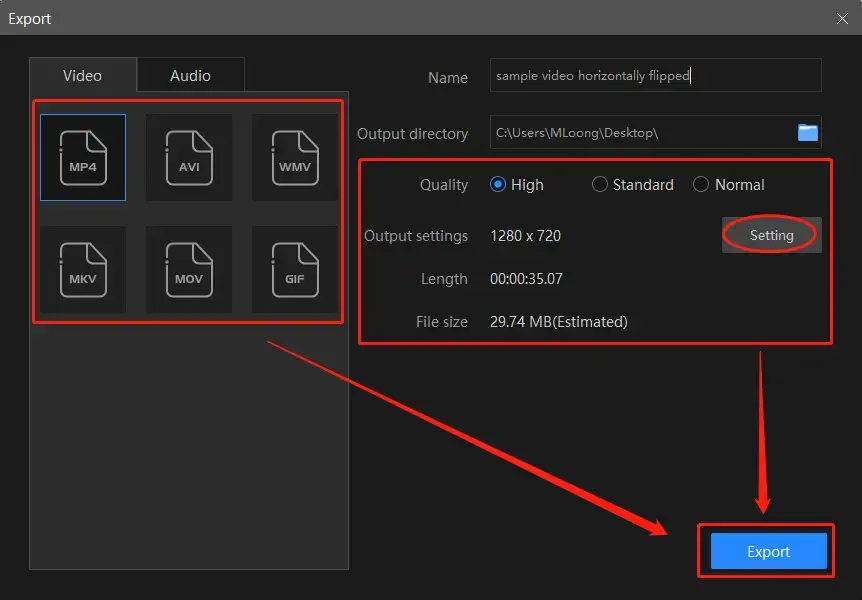 export settings in vidclipper