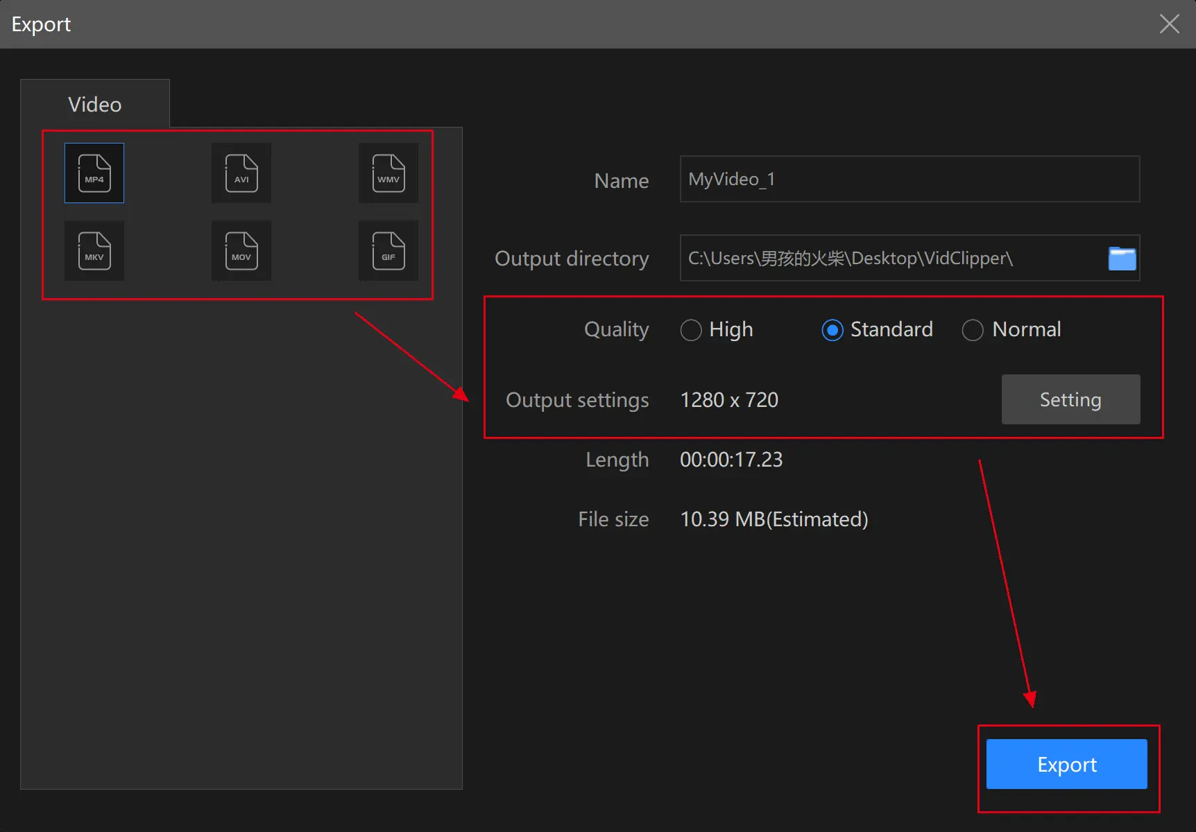 export settings in vidclipper