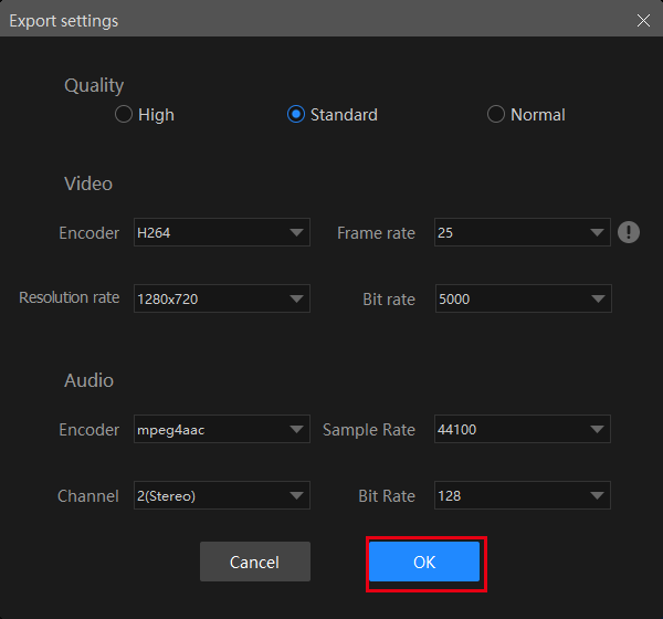 further video and audio settings in vidclipper