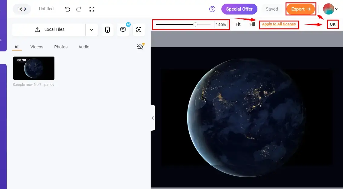 how to zoom in on a video in flexcilp online video editor 2