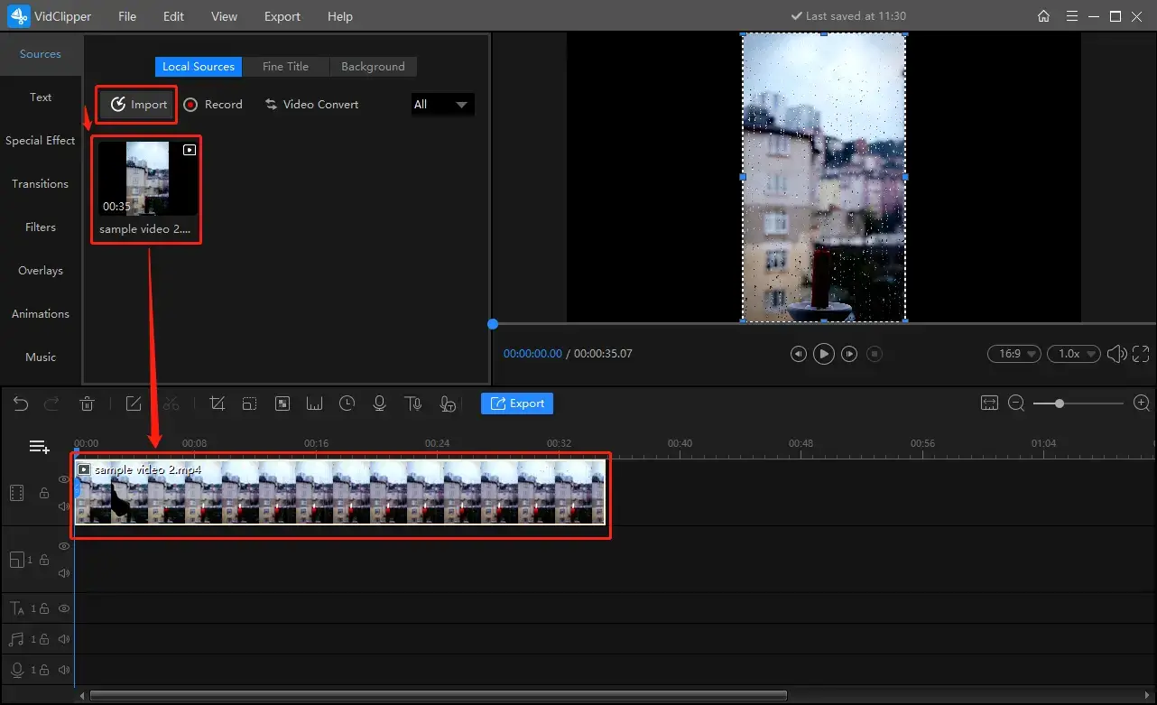 import video and drag it to the editing bar in vidclipper