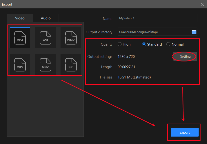 output settings in vidclipper