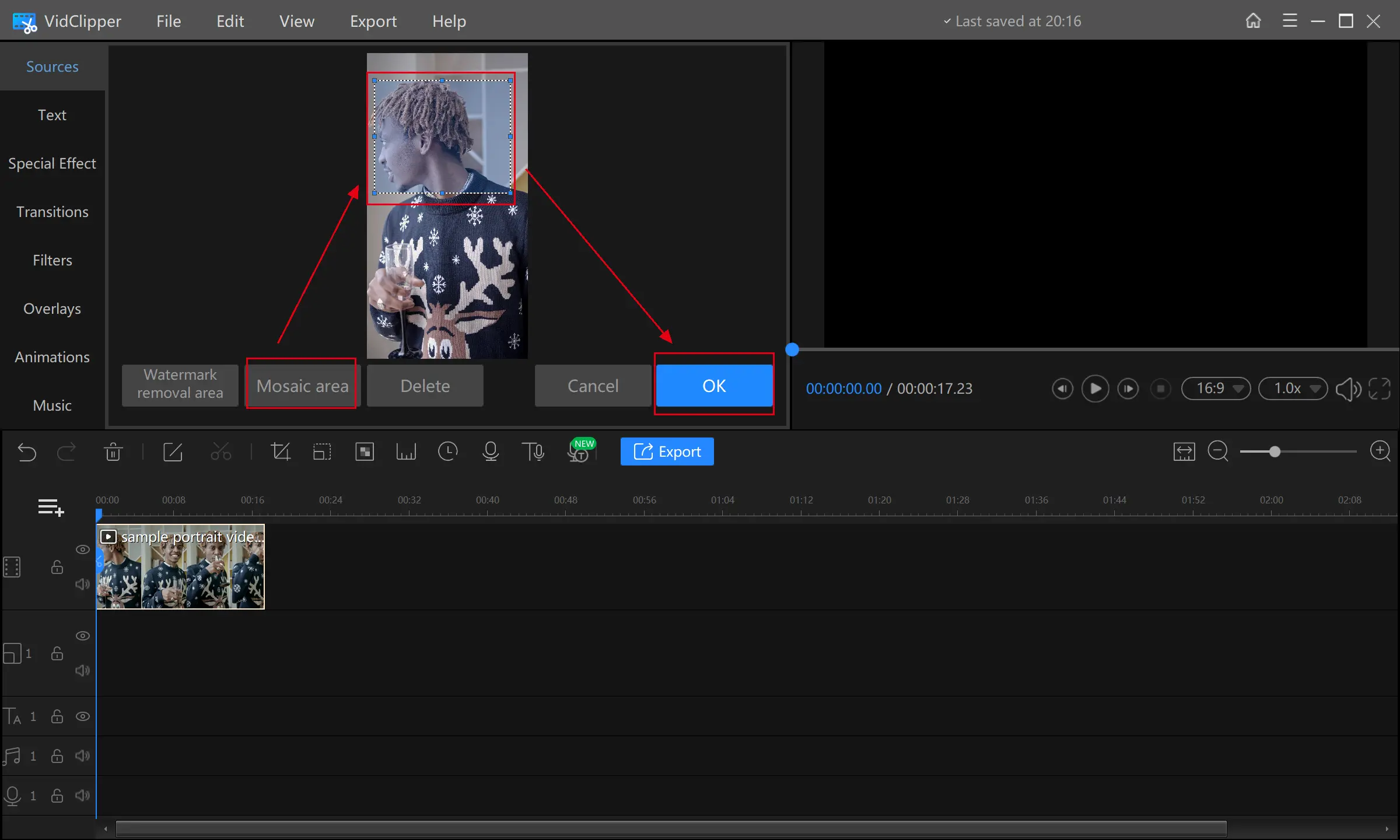 pixelate a video through vidclipper step 2