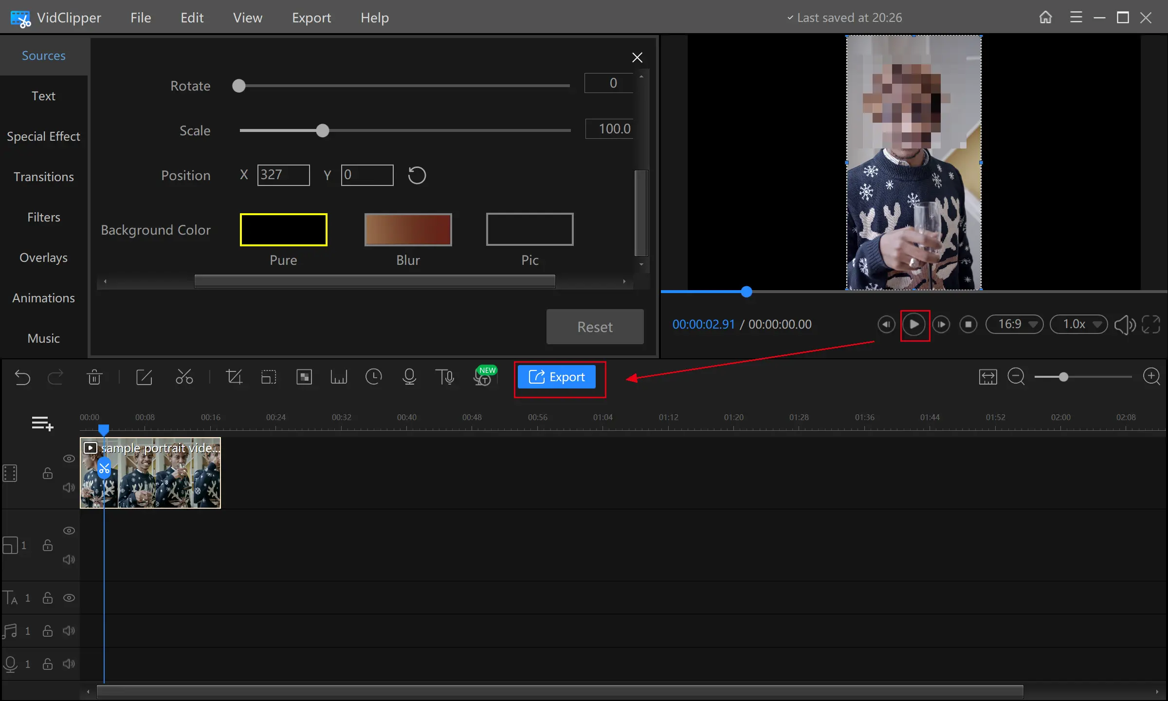 pixelate a video through vidclipper step 3