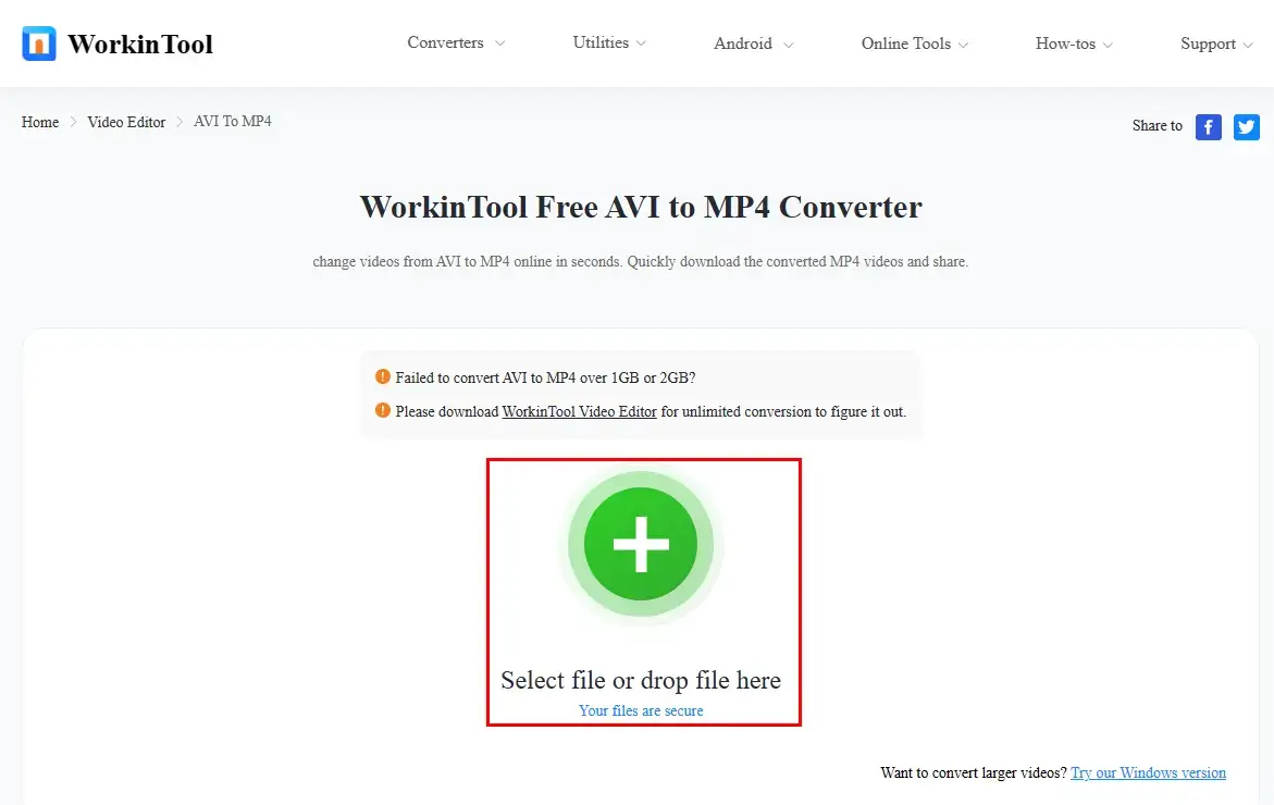 upload an avi video onto workintool online avi to mp4 converter