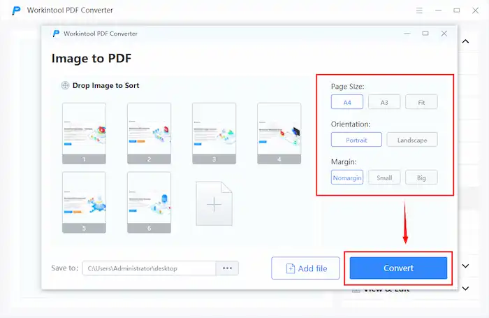 workintool pdf converter set page size, orientation, margin, and convert