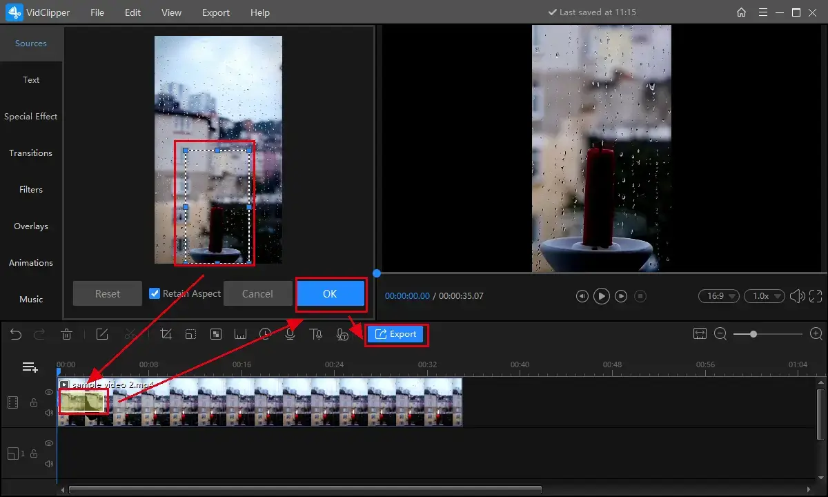 zoom in on a certain part of a video through vidclipper step 2