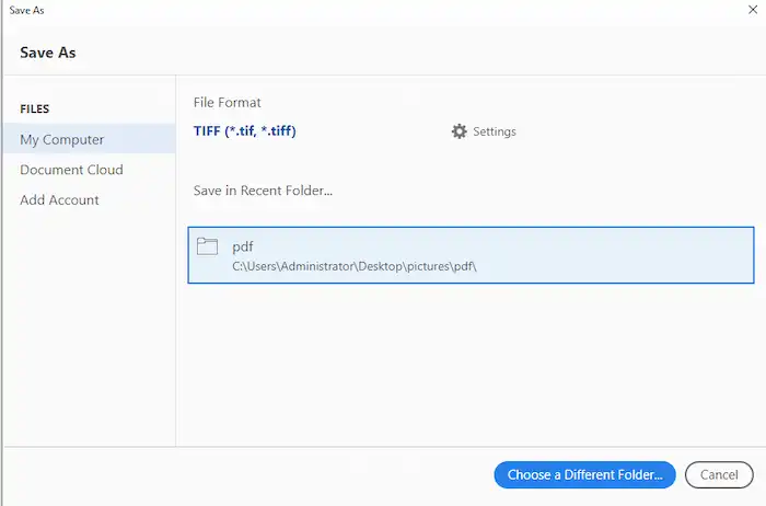 adobe acrobat dc save pdf as tiff in recent folder