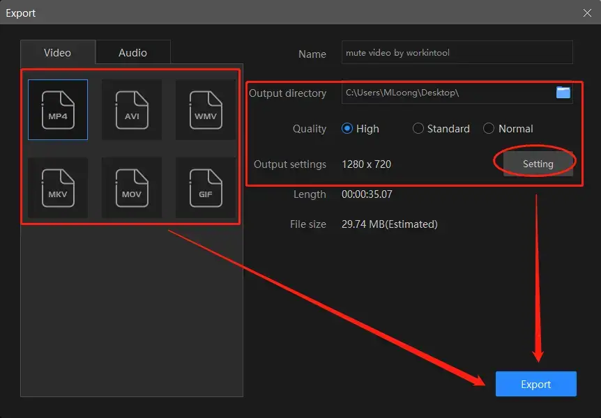 export settings in workintool vidclipper