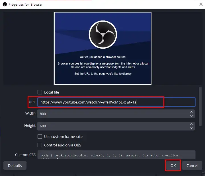 paste the url of the online video and click on in obs